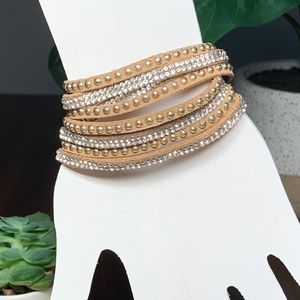 Tan Suede, Rhinestone, and Gold Stud Double Wrap Bracelet, adjustable snap close